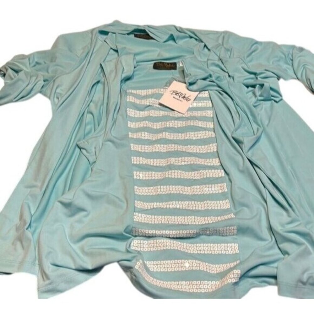Bob Mackie Wearable Art 2-Piece Aqua Twinset Tank & Cardigan Polyester/Spandex B